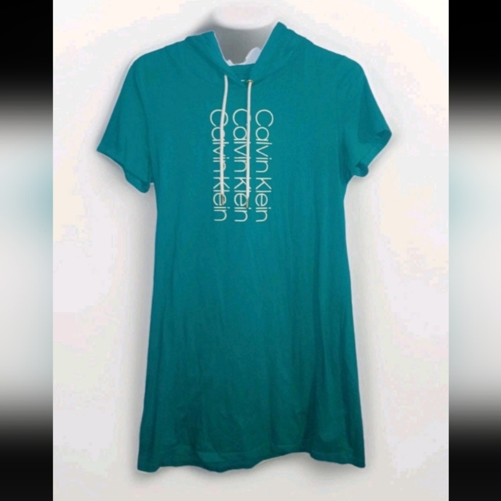 Calvin Klein Turquoise Hooded Logo Dress Y2K Streetwear Cottage Coastal Casual